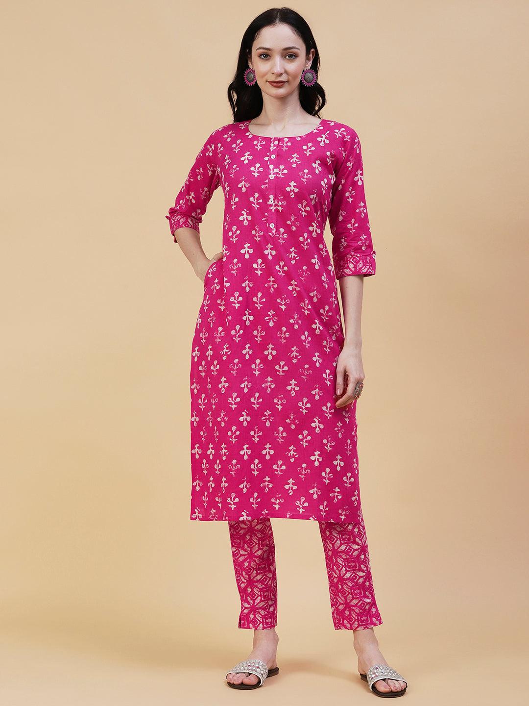 Abstract Block Printed Mother-Of-Pearl Buttoned Kurta With Pants - Pink - Indiakreations