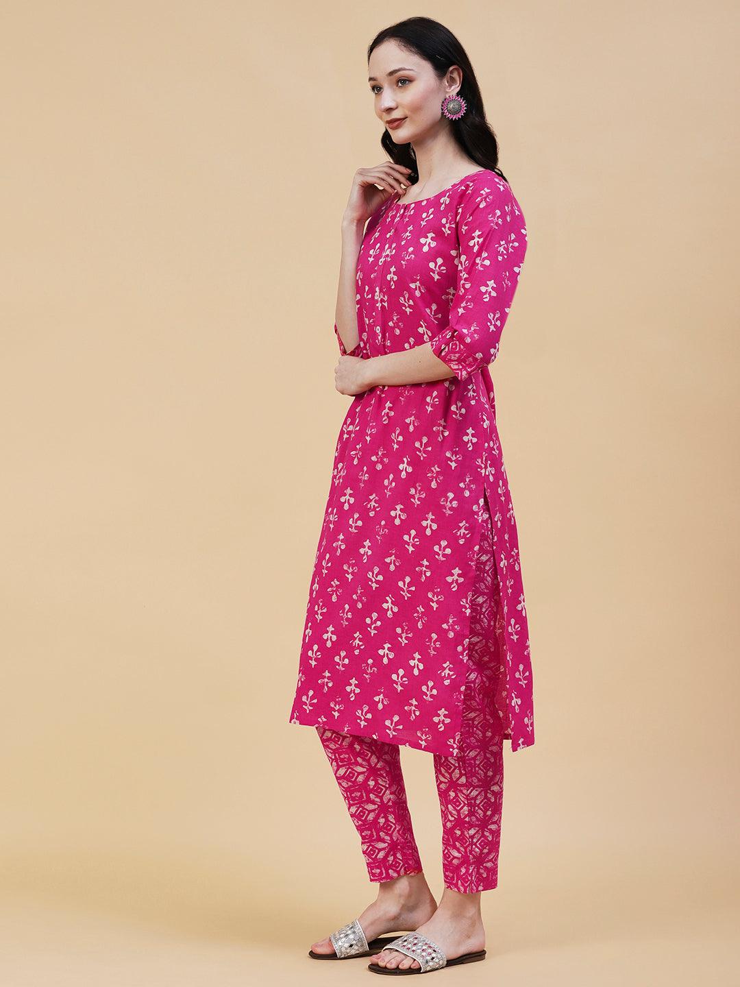 Abstract Block Printed Mother-Of-Pearl Buttoned Kurta With Pants - Pink - Indiakreations