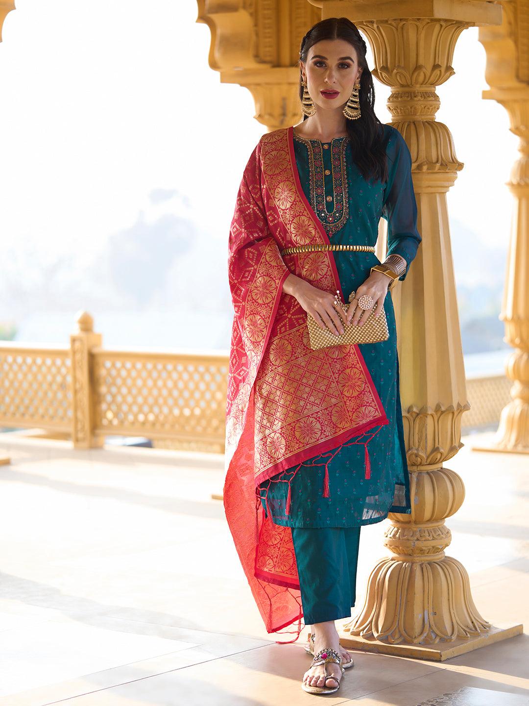 Solid Mirror & Resham Embroidered Kurta With Pants & Zari Jacquard Dupatta - Blue - Indiakreations