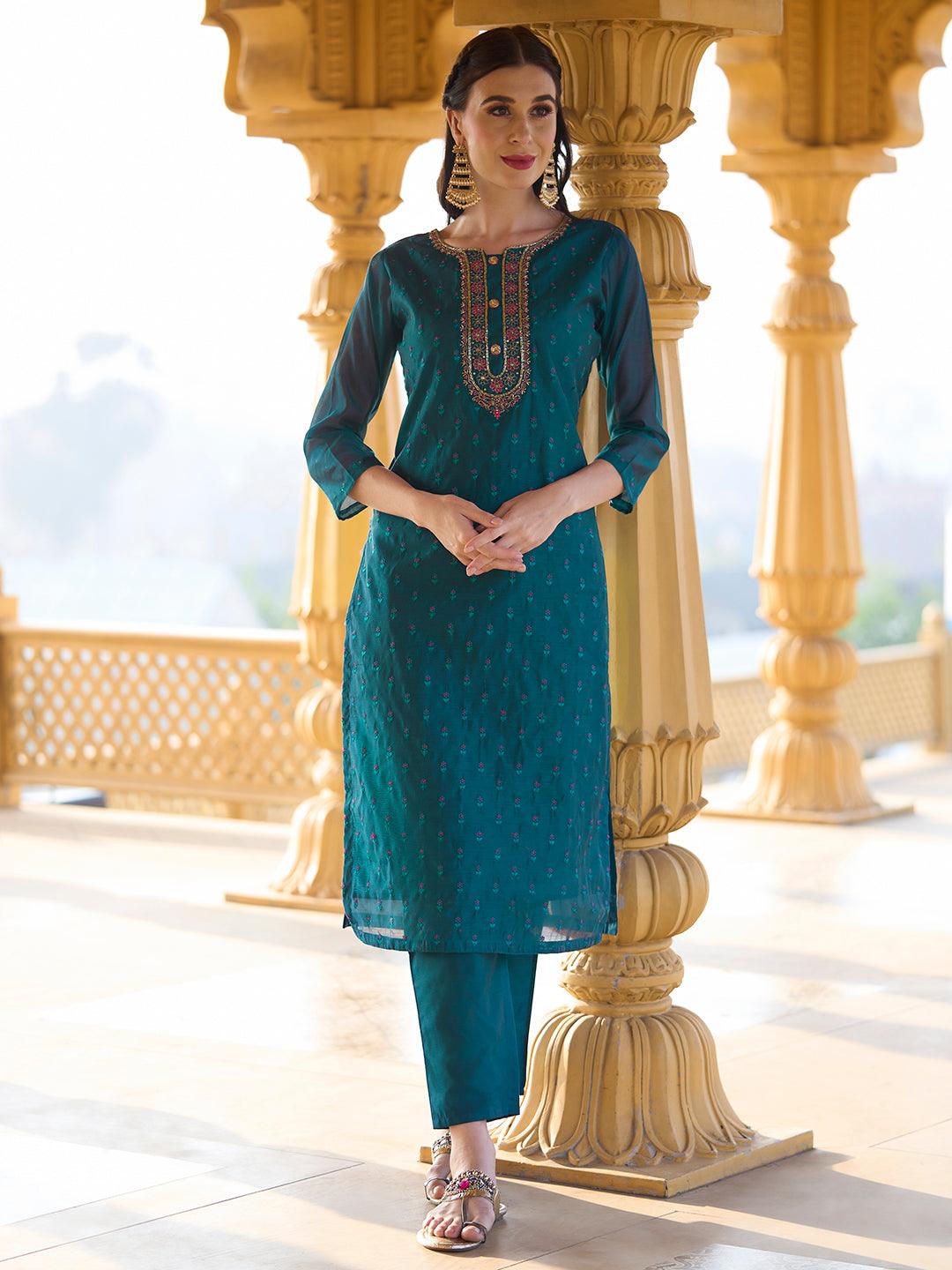 Solid Mirror & Resham Embroidered Kurta With Pants & Zari Jacquard Dupatta - Blue - Indiakreations