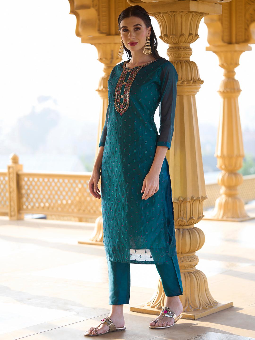 Solid Mirror & Resham Embroidered Kurta With Pants & Zari Jacquard Dupatta - Blue - Indiakreations