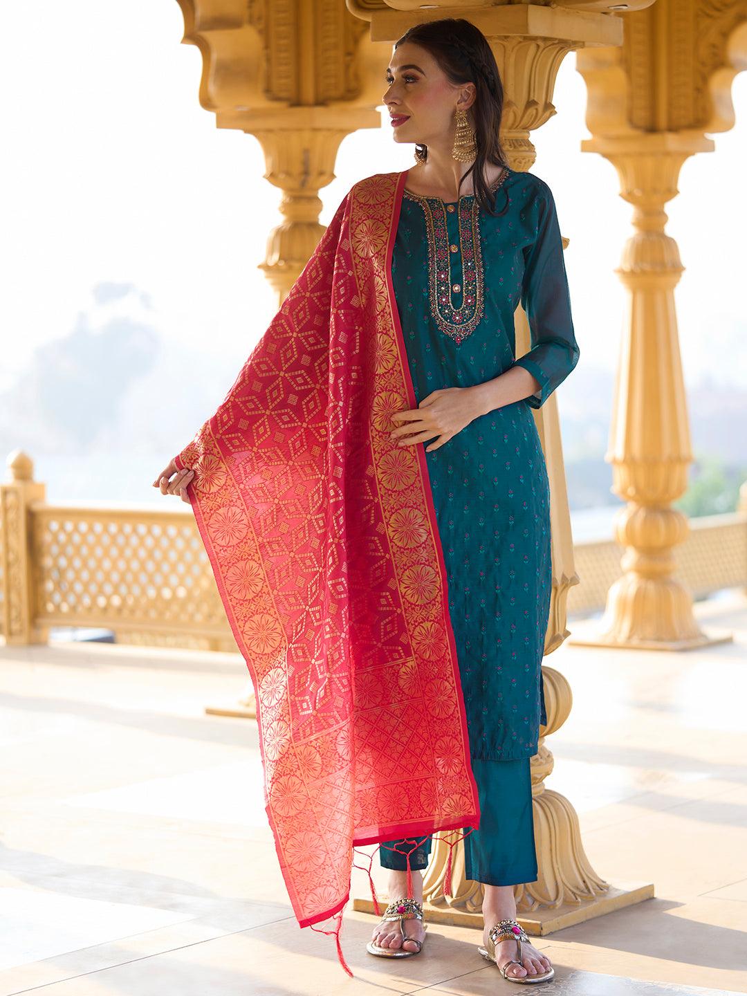 Solid Mirror & Resham Embroidered Kurta With Pants & Zari Jacquard Dupatta - Blue - Indiakreations