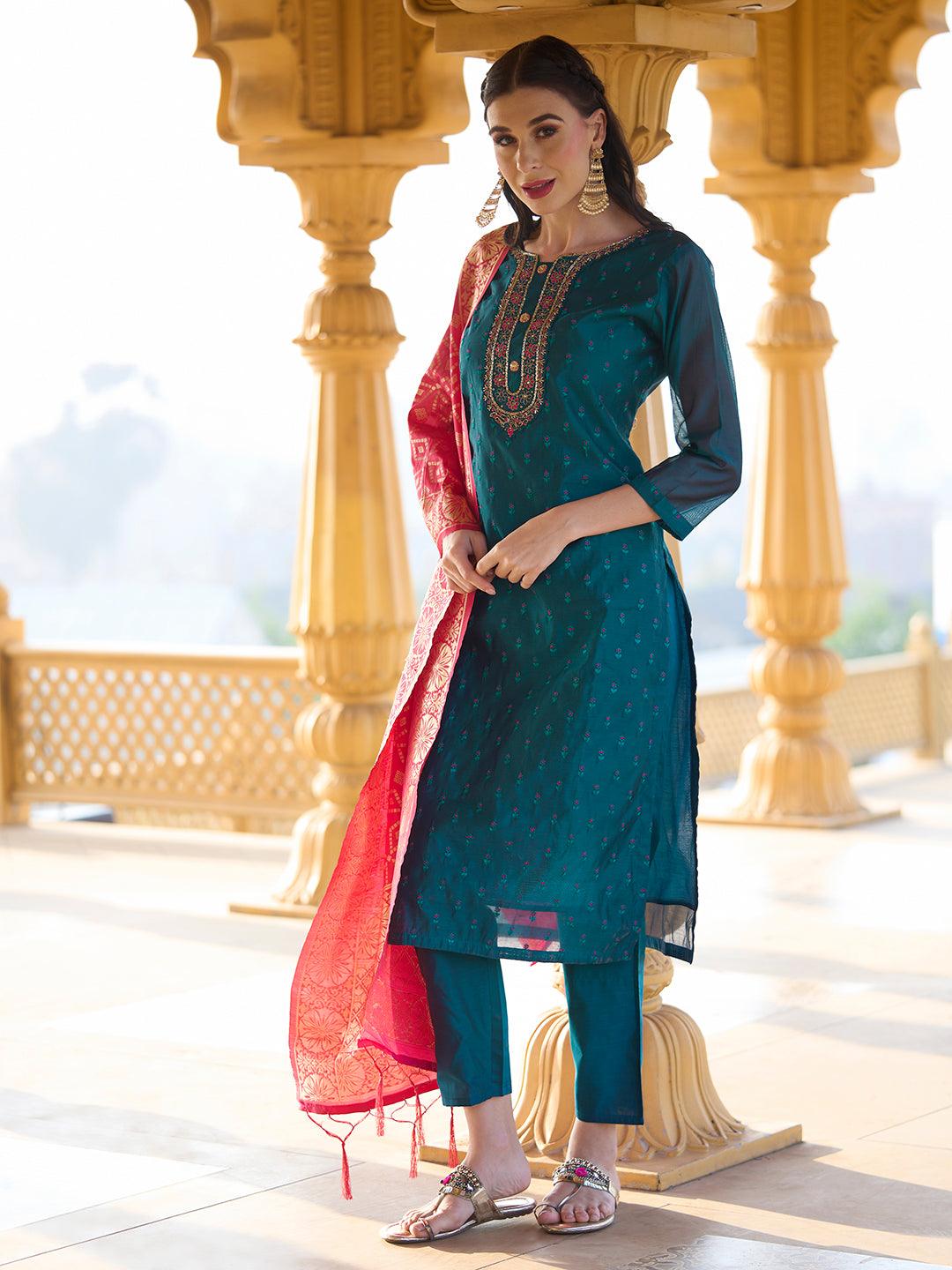 Solid Mirror & Resham Embroidered Kurta With Pants & Zari Jacquard Dupatta - Blue - Indiakreations