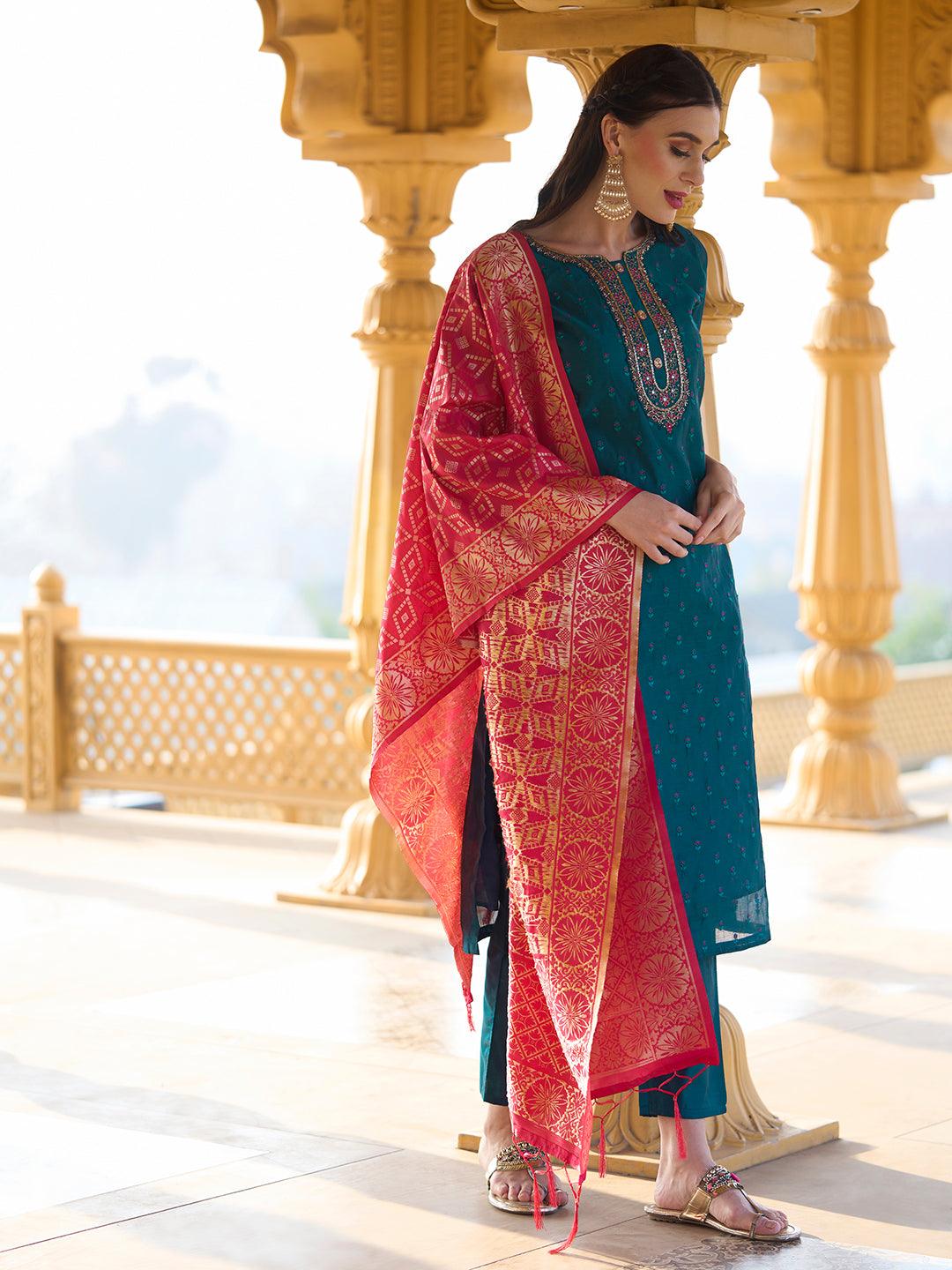 Solid Mirror & Resham Embroidered Kurta With Pants & Zari Jacquard Dupatta - Blue - Indiakreations