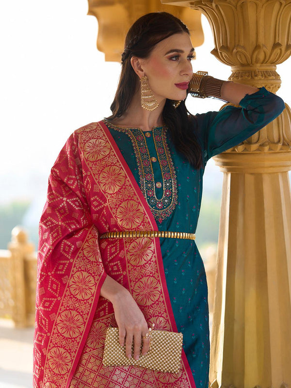 Solid Mirror & Resham Embroidered Kurta With Pants & Zari Jacquard Dupatta - Blue - Indiakreations