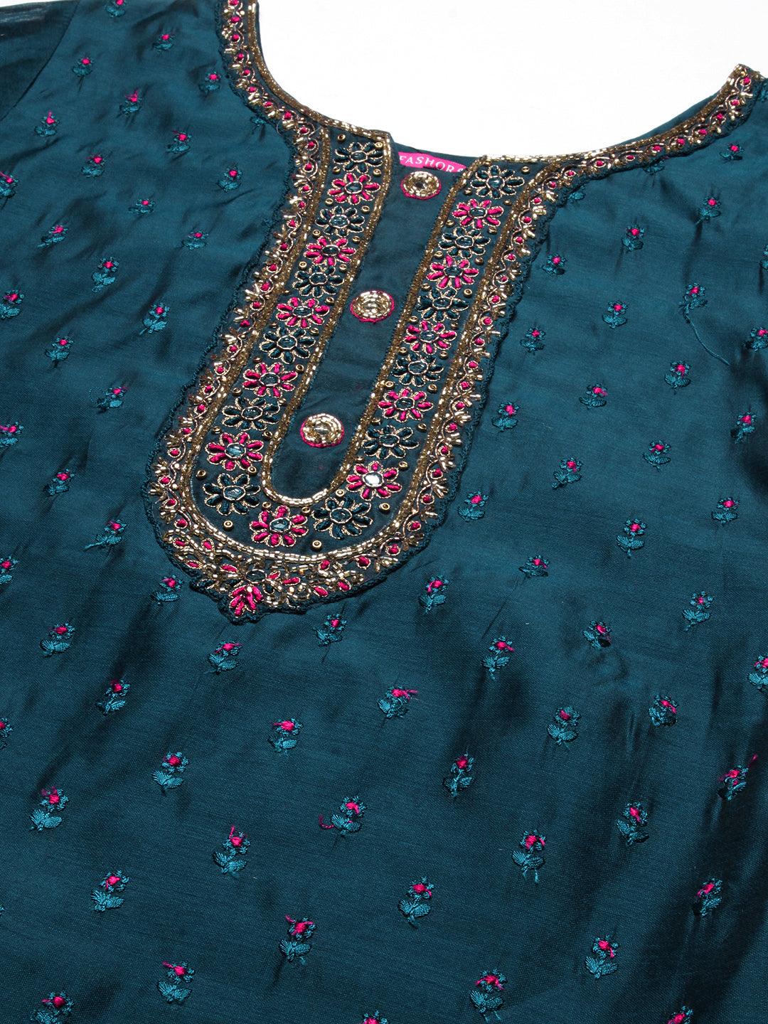 Solid Mirror & Resham Embroidered Kurta With Pants & Zari Jacquard Dupatta - Blue - Indiakreations