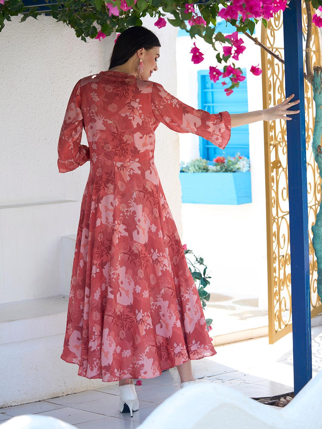 Floral Printed Kantha Stitched Pintuck Dress With Dori Belt - Orange - Indiakreations