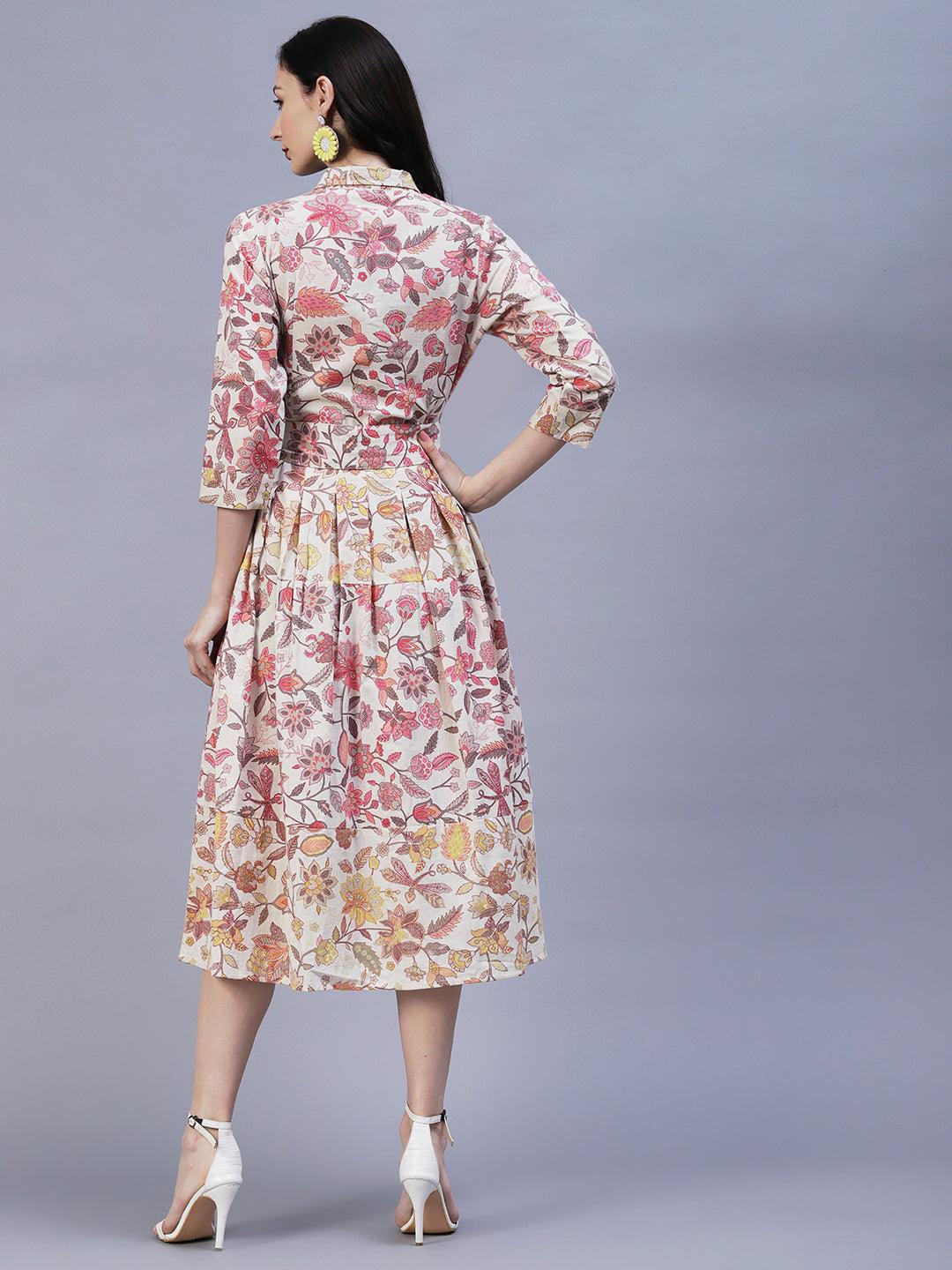 Floral Printed A-Line Box Pleated Midi Dress - Off White - Indiakreations