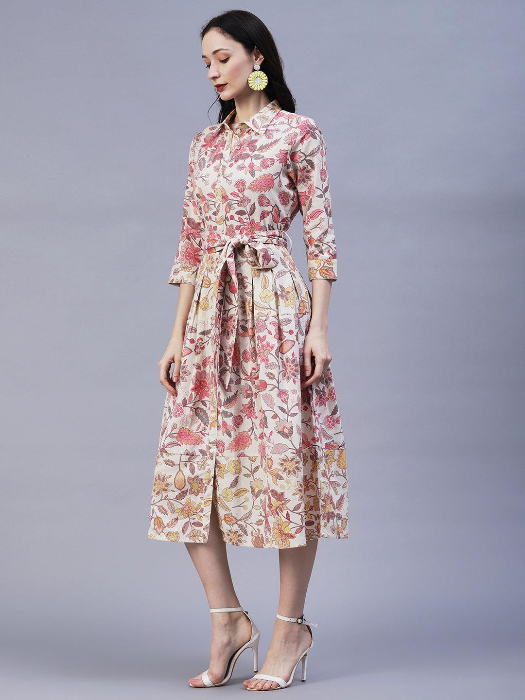 Floral Printed A-Line Box Pleated Midi Dress - Off White - Indiakreations