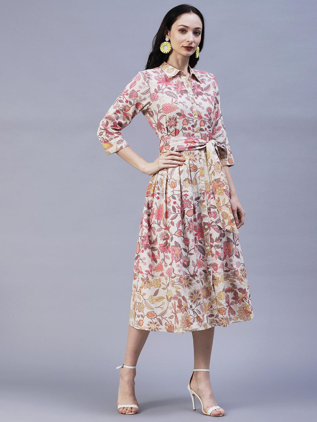 Floral Printed A-Line Box Pleated Midi Dress - Off White - Indiakreations