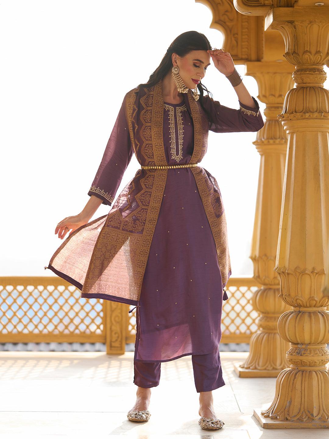 Solid Cutdana & Pearl Embroidered Kurta With Pants & Jacquard Dupatta - Dark Mauve - Indiakreations