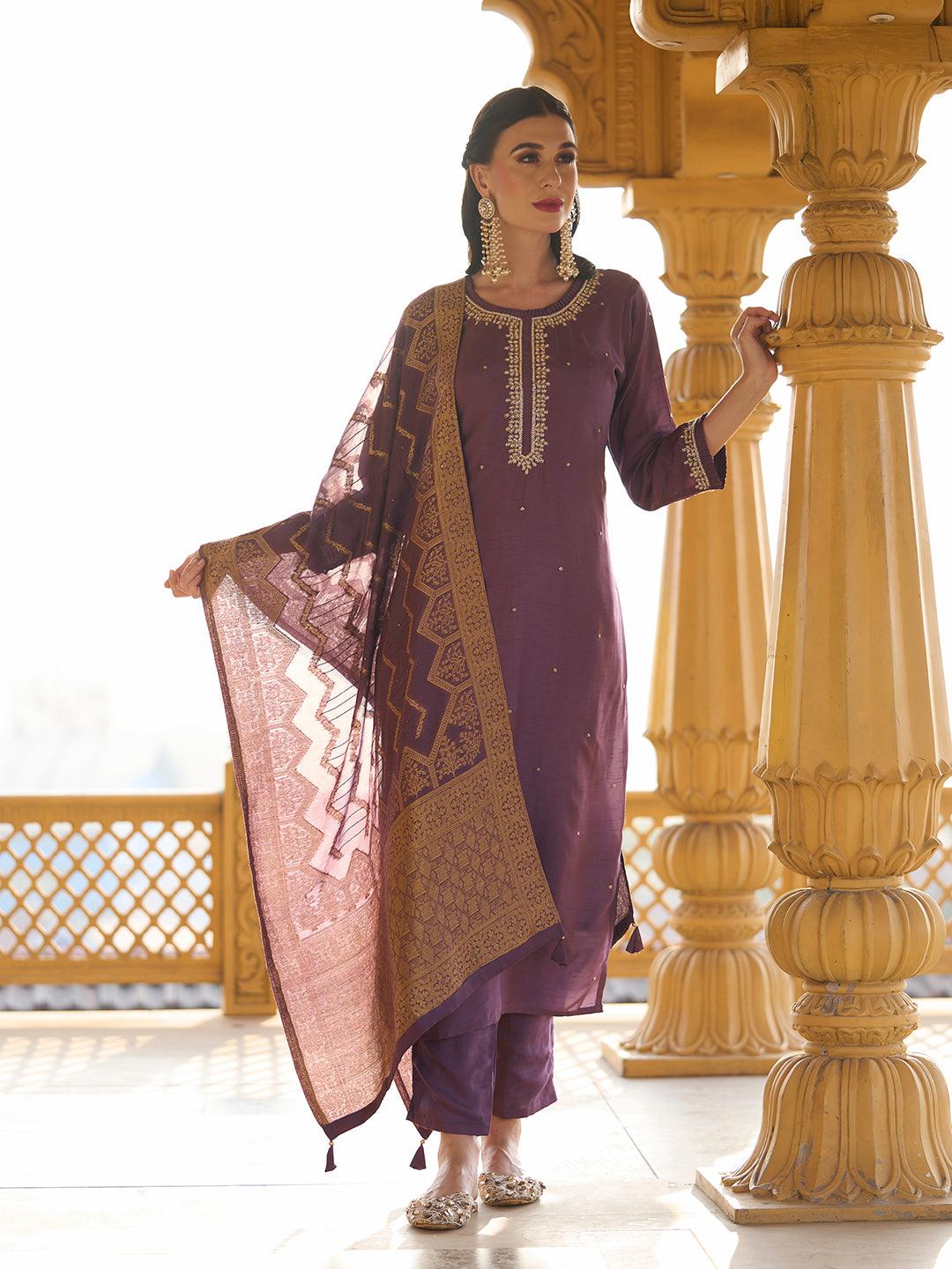 Solid Cutdana & Pearl Embroidered Kurta With Pants & Jacquard Dupatta - Dark Mauve - Indiakreations