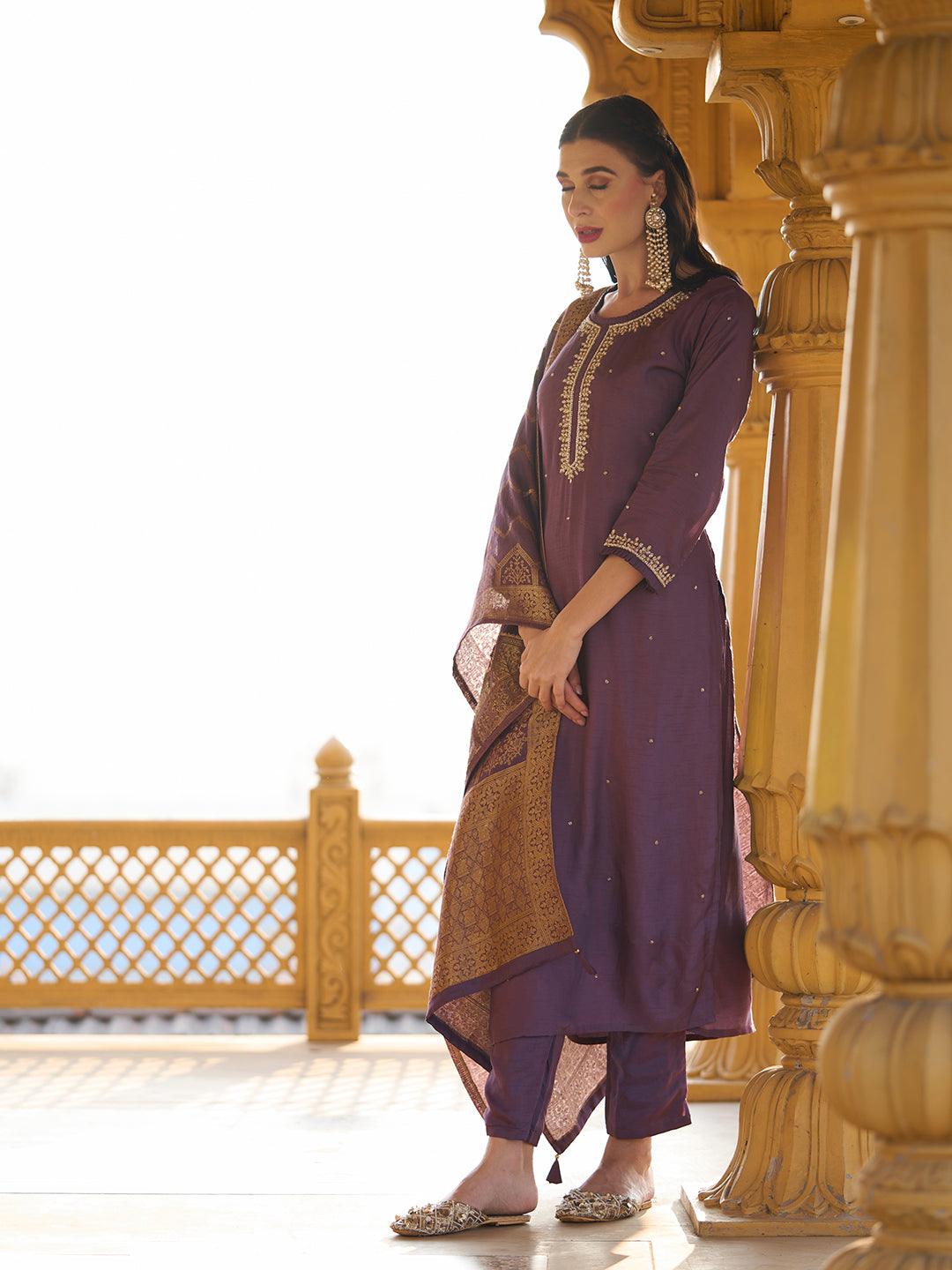 Solid Cutdana & Pearl Embroidered Kurta With Pants & Jacquard Dupatta - Dark Mauve - Indiakreations