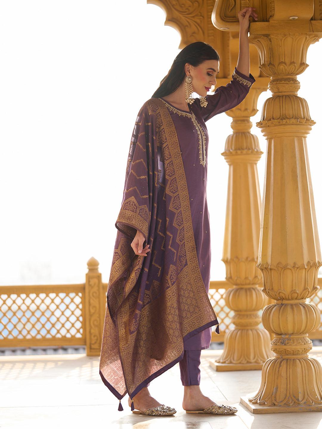 Solid Cutdana & Pearl Embroidered Kurta With Pants & Jacquard Dupatta - Dark Mauve - Indiakreations