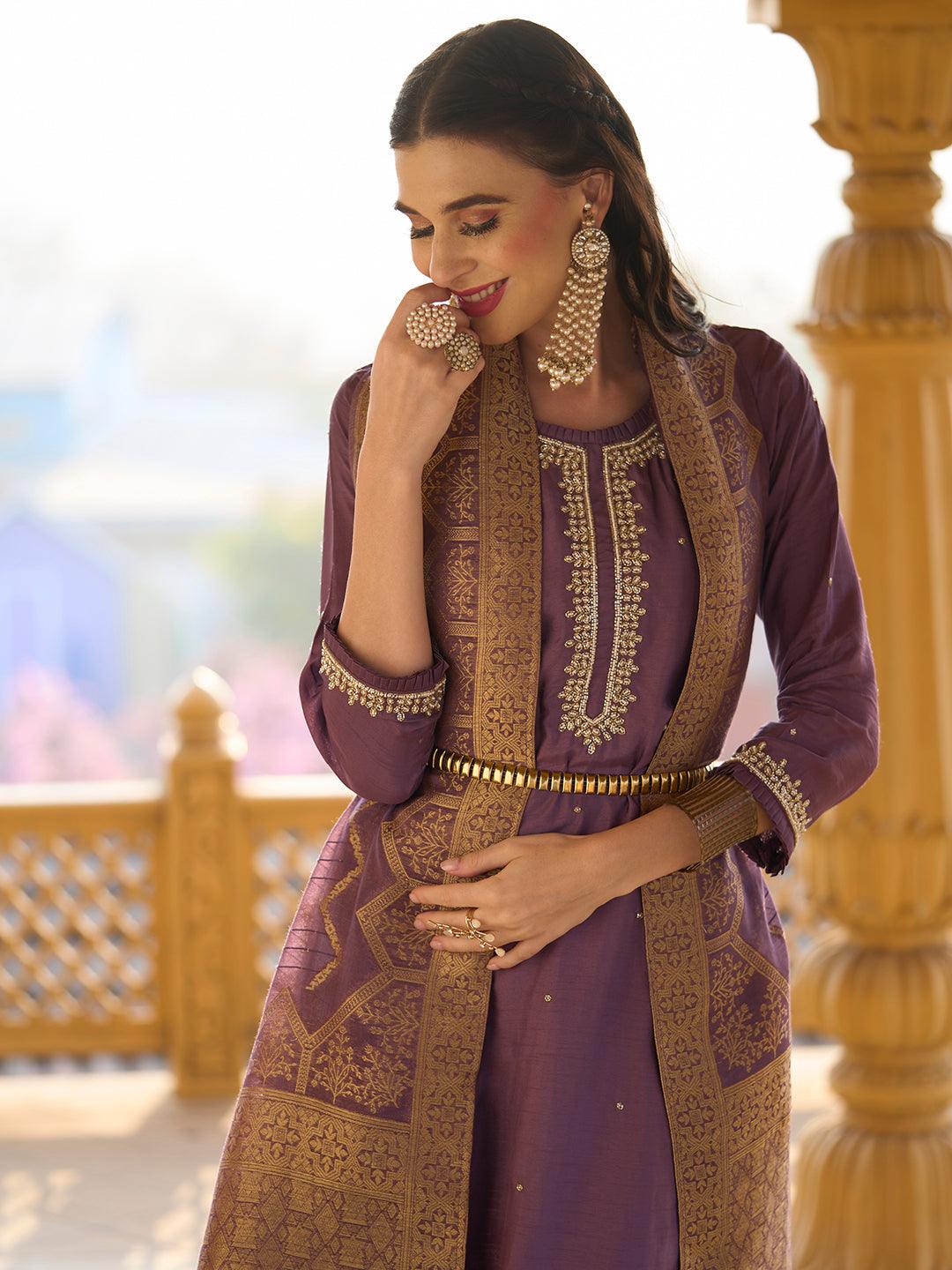 Solid Cutdana & Pearl Embroidered Kurta With Pants & Jacquard Dupatta - Dark Mauve - Indiakreations