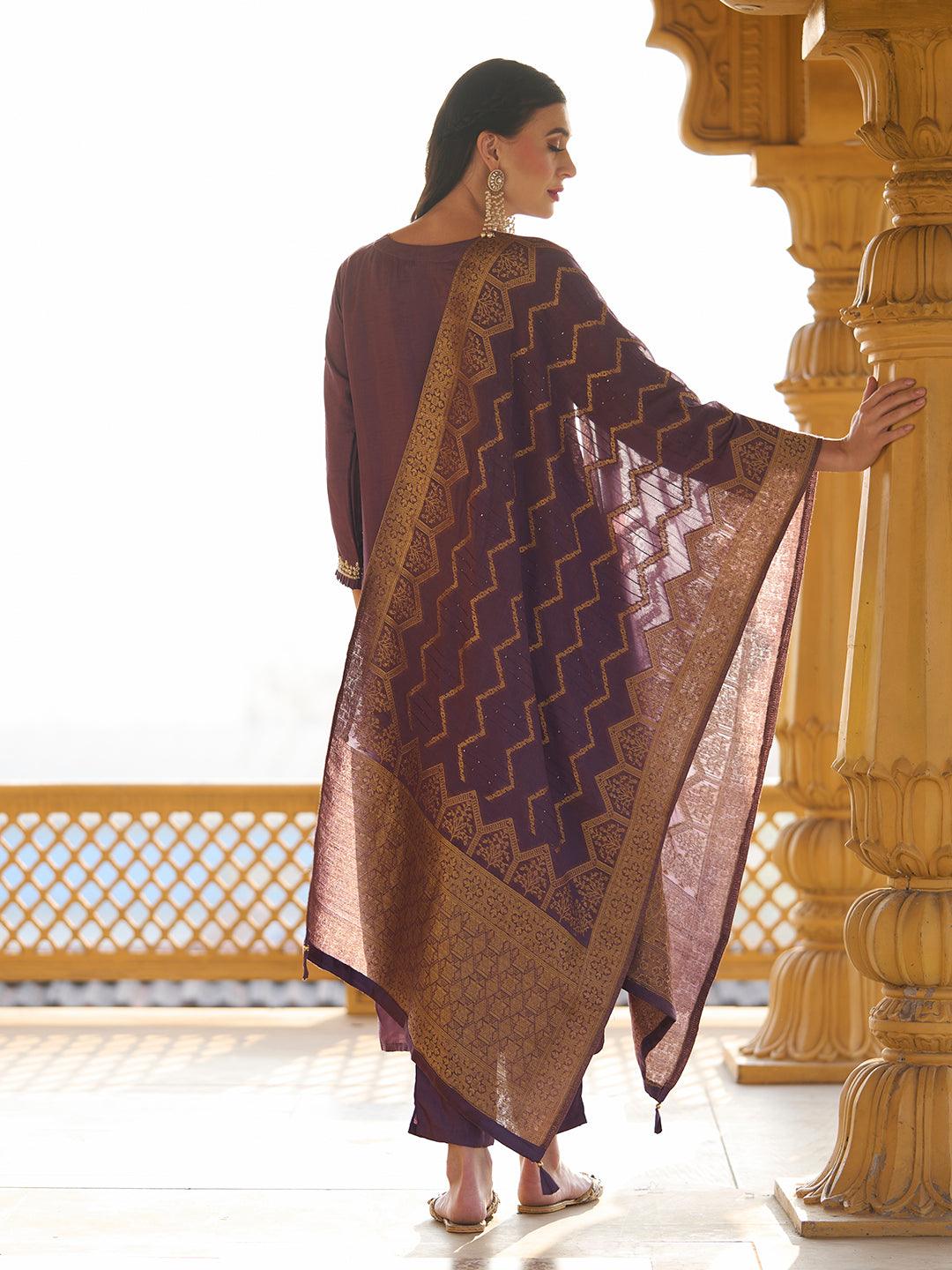 Solid Cutdana & Pearl Embroidered Kurta With Pants & Jacquard Dupatta - Dark Mauve - Indiakreations