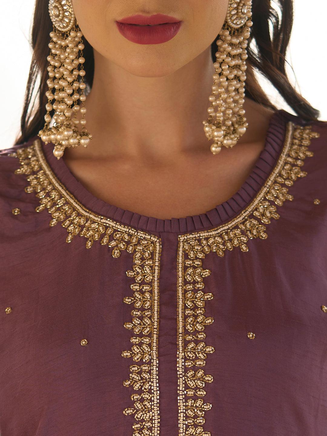 Solid Cutdana & Pearl Embroidered Kurta With Pants & Jacquard Dupatta - Dark Mauve - Indiakreations