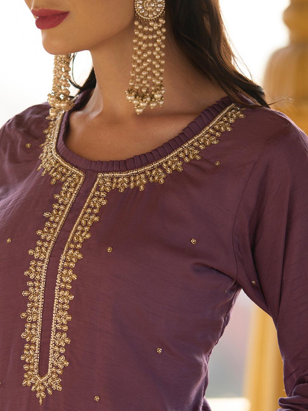 Solid Cutdana & Pearl Embroidered Kurta With Pants & Jacquard Dupatta - Dark Mauve - Indiakreations