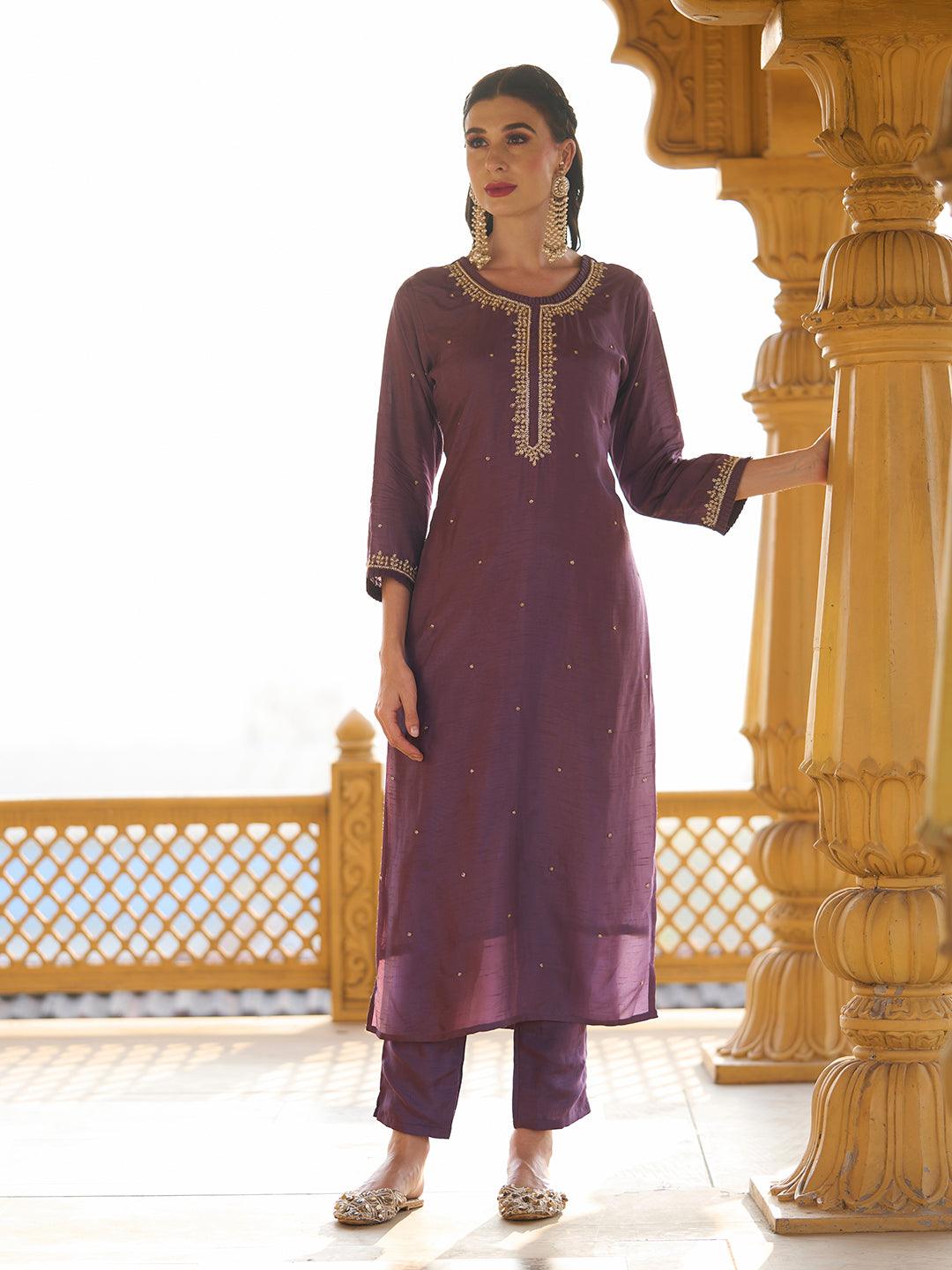 Solid Cutdana & Pearl Embroidered Kurta With Pants & Jacquard Dupatta - Dark Mauve - Indiakreations