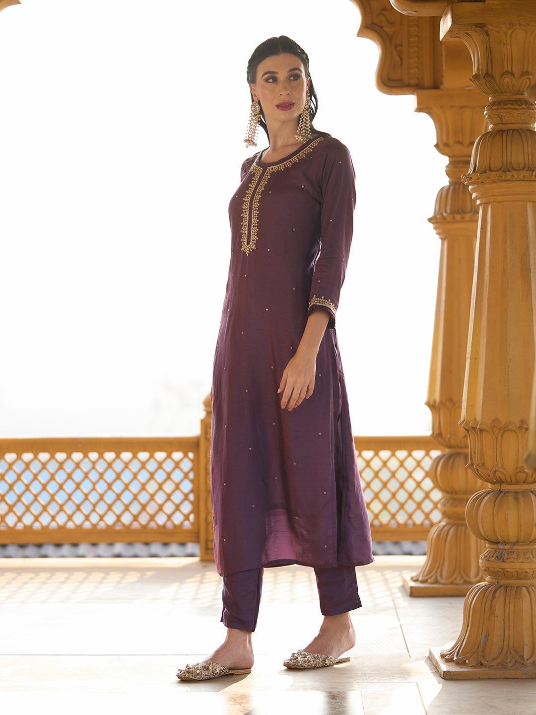 Solid Cutdana & Pearl Embroidered Kurta With Pants & Jacquard Dupatta - Dark Mauve - Indiakreations