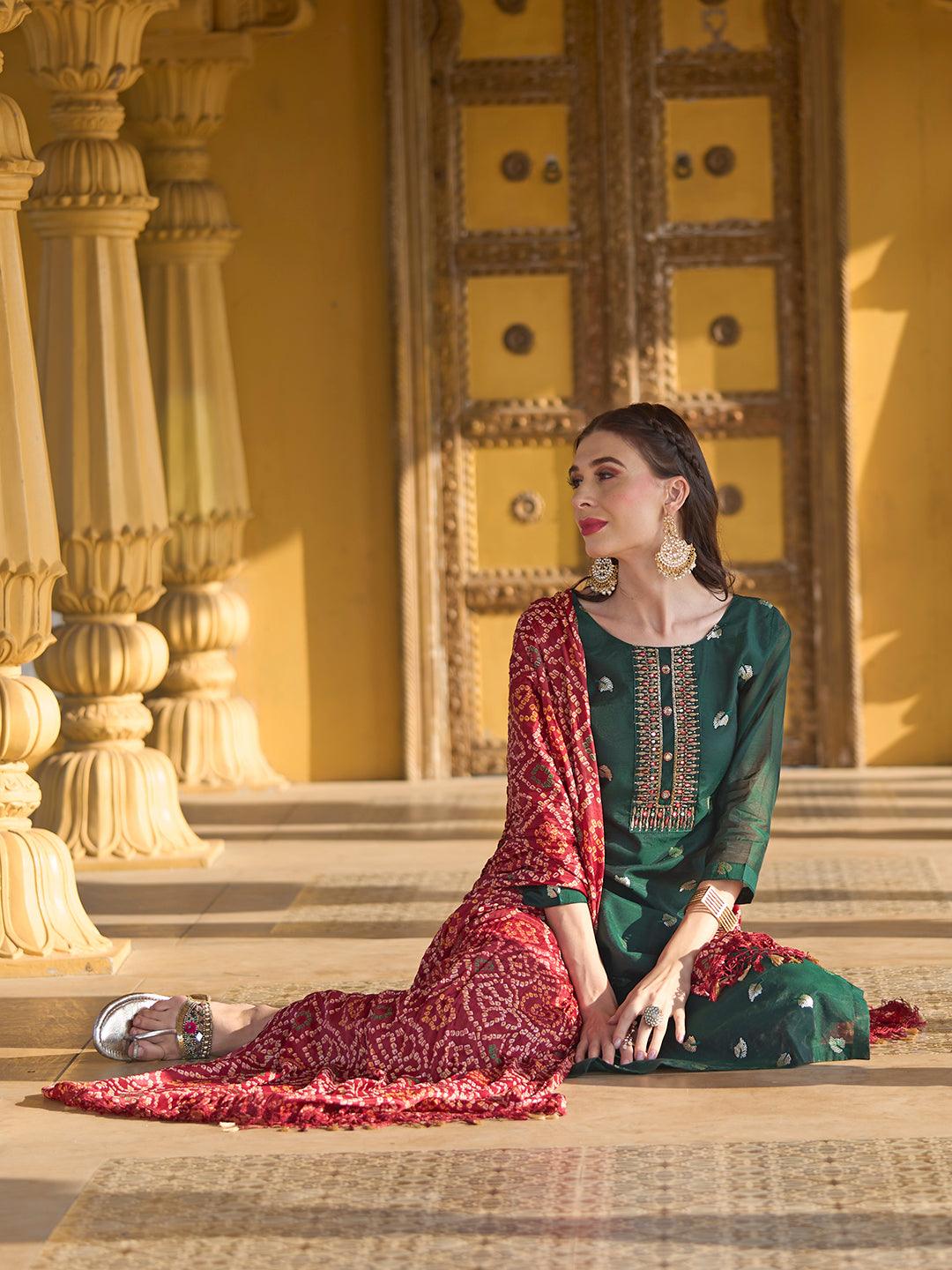 Solid Mirror & Sequins Embroidered Kurta With Pants & Bandhani Dupatta - Green - Indiakreations