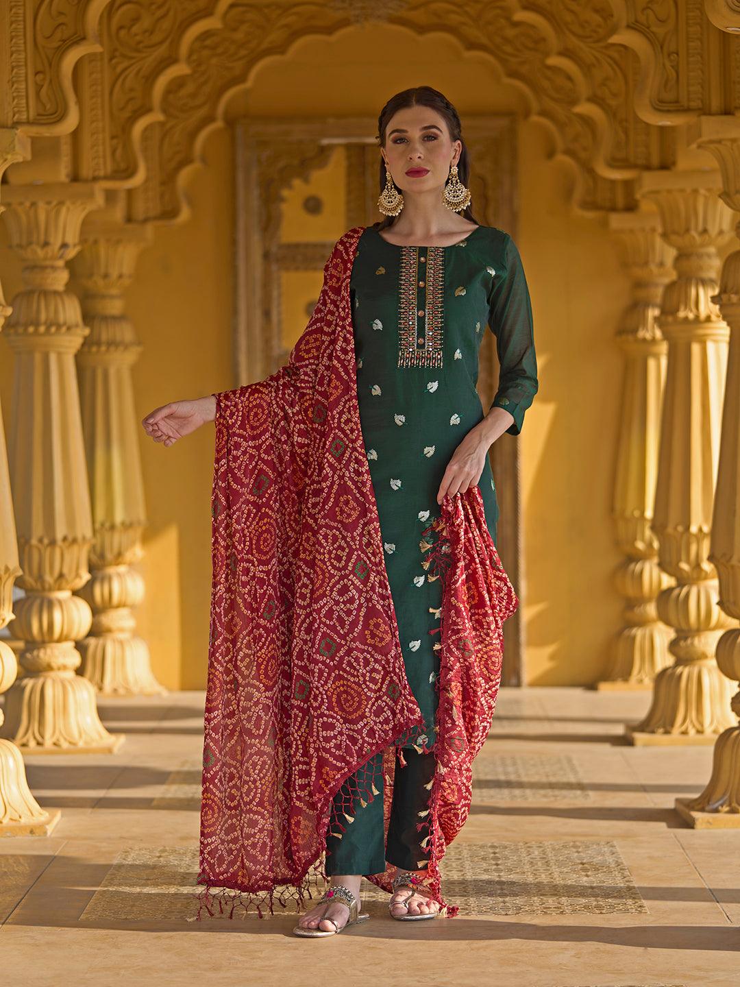 Solid Mirror & Sequins Embroidered Kurta With Pants & Bandhani Dupatta - Green - Indiakreations