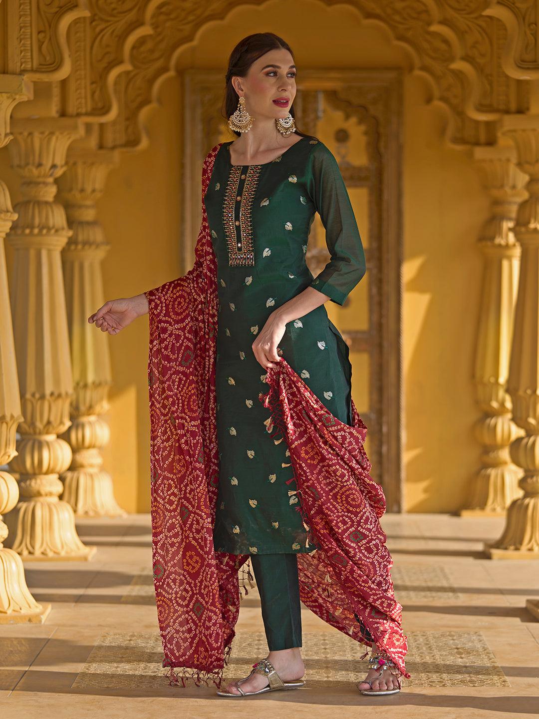 Solid Mirror & Sequins Embroidered Kurta With Pants & Bandhani Dupatta - Green - Indiakreations