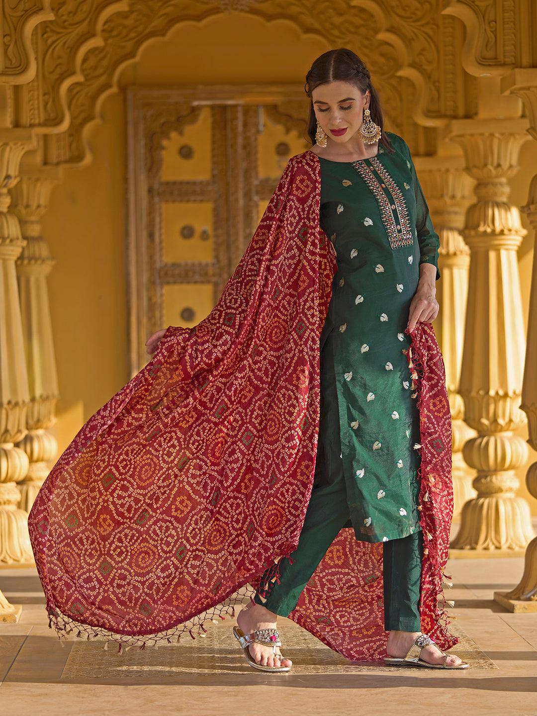 Solid Mirror & Sequins Embroidered Kurta With Pants & Bandhani Dupatta - Green - Indiakreations