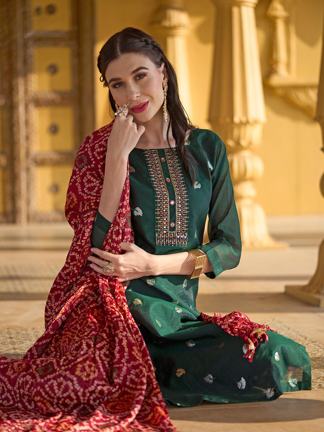 Solid Mirror & Sequins Embroidered Kurta With Pants & Bandhani Dupatta - Green - Indiakreations