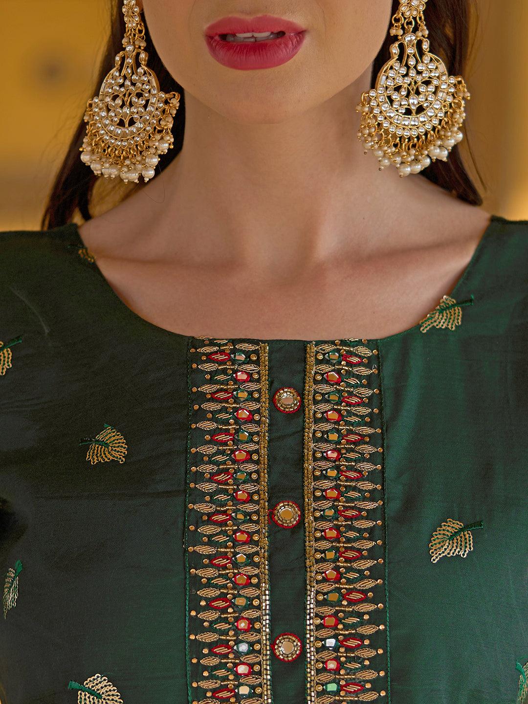 Solid Mirror & Sequins Embroidered Kurta With Pants & Bandhani Dupatta - Green - Indiakreations