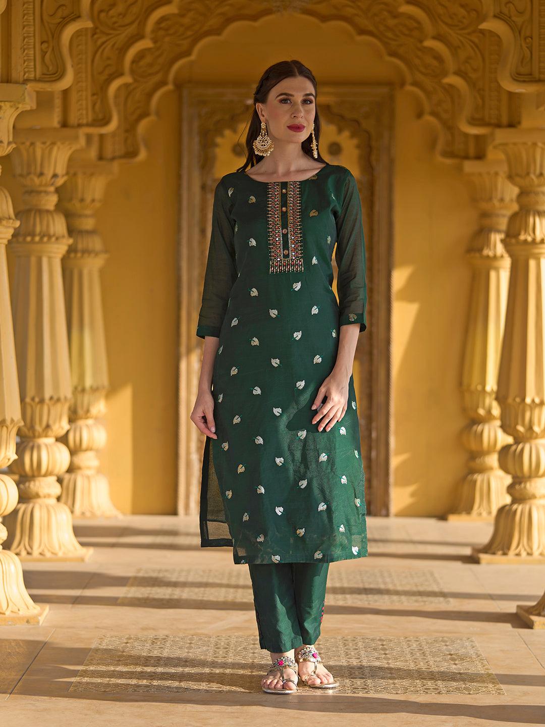 Solid Mirror & Sequins Embroidered Kurta With Pants & Bandhani Dupatta - Green - Indiakreations