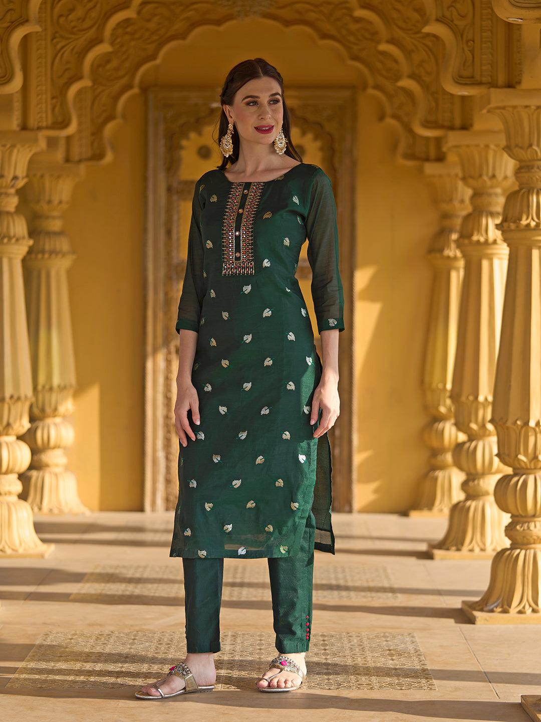 Solid Mirror & Sequins Embroidered Kurta With Pants & Bandhani Dupatta - Green - Indiakreations