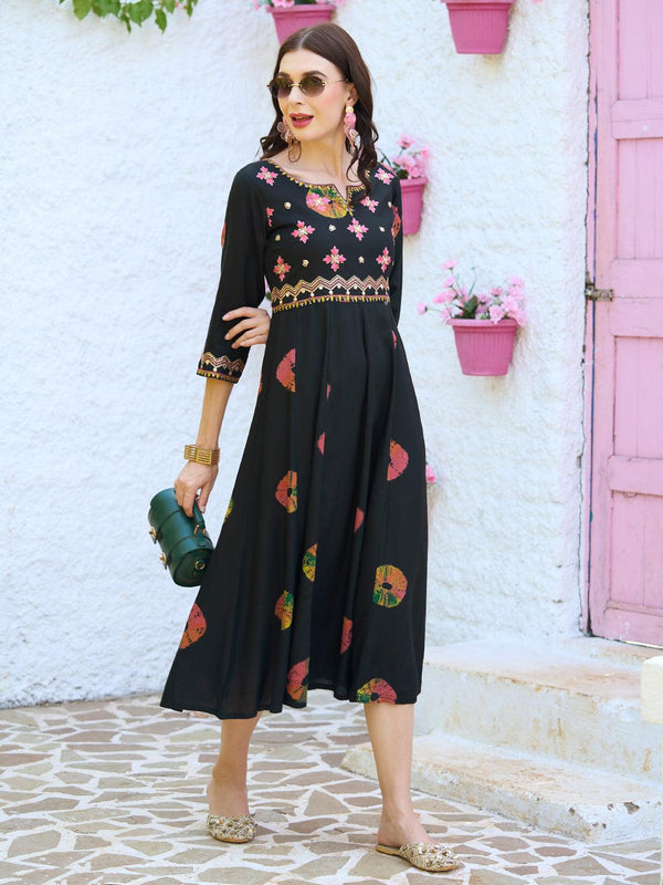 Ethnic Printed & Embroidered Anarkali Flared Midi Dress - Black - Indiakreations