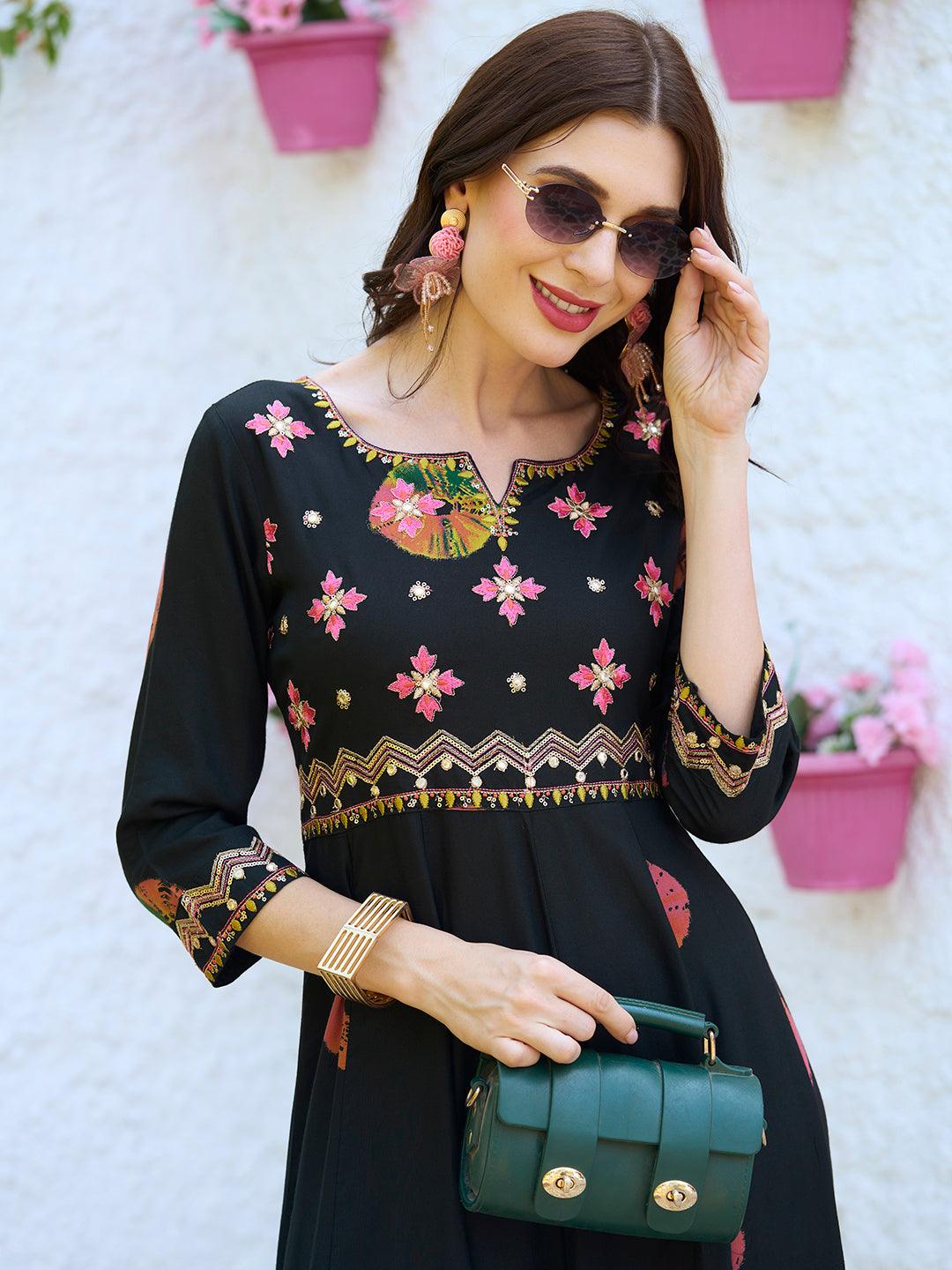 Ethnic Printed & Embroidered Anarkali Flared Midi Dress - Black - Indiakreations