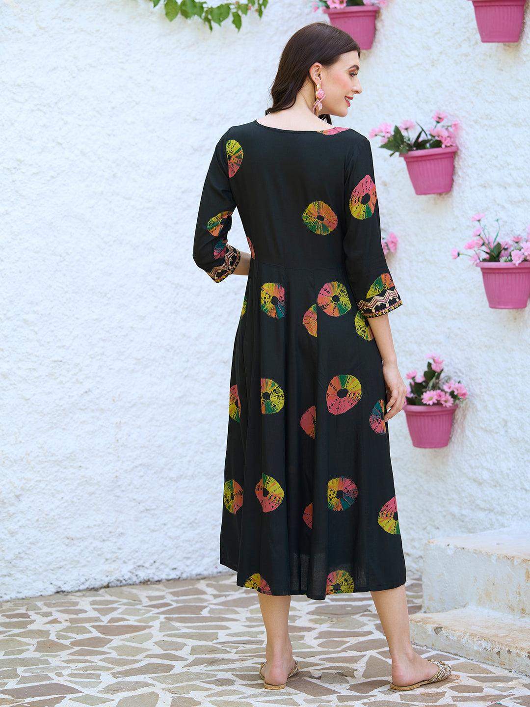 Ethnic Printed & Embroidered Anarkali Flared Midi Dress - Black - Indiakreations