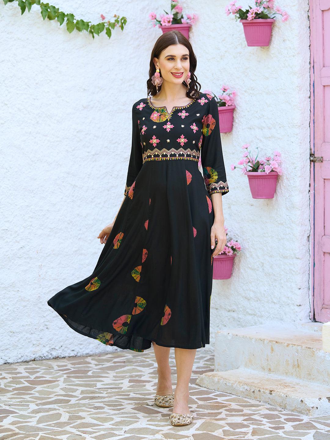 Ethnic Printed & Embroidered Anarkali Flared Midi Dress - Black - Indiakreations