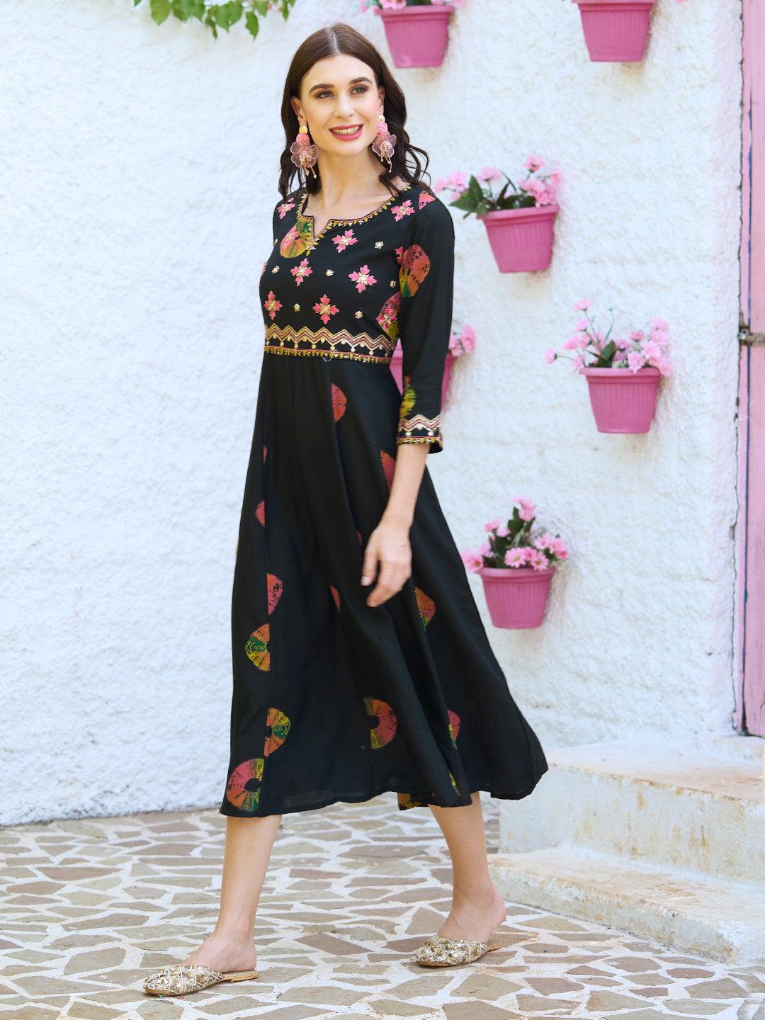 Ethnic Printed & Embroidered Anarkali Flared Midi Dress - Black - Indiakreations