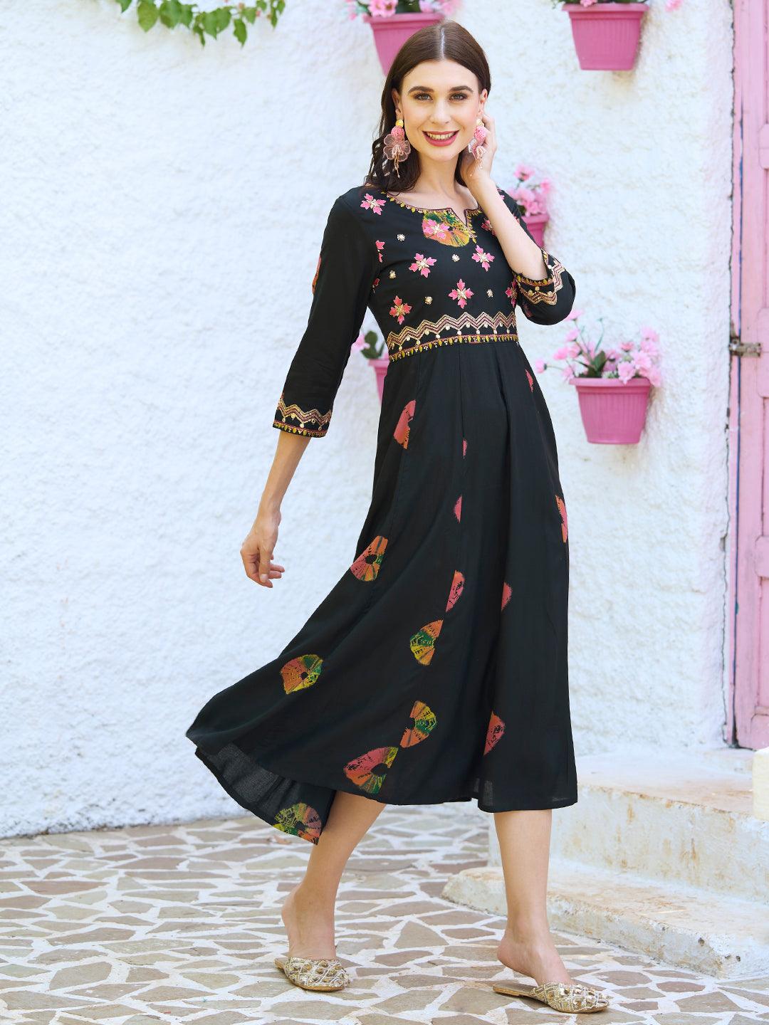 Ethnic Printed & Embroidered Anarkali Flared Midi Dress - Black - Indiakreations