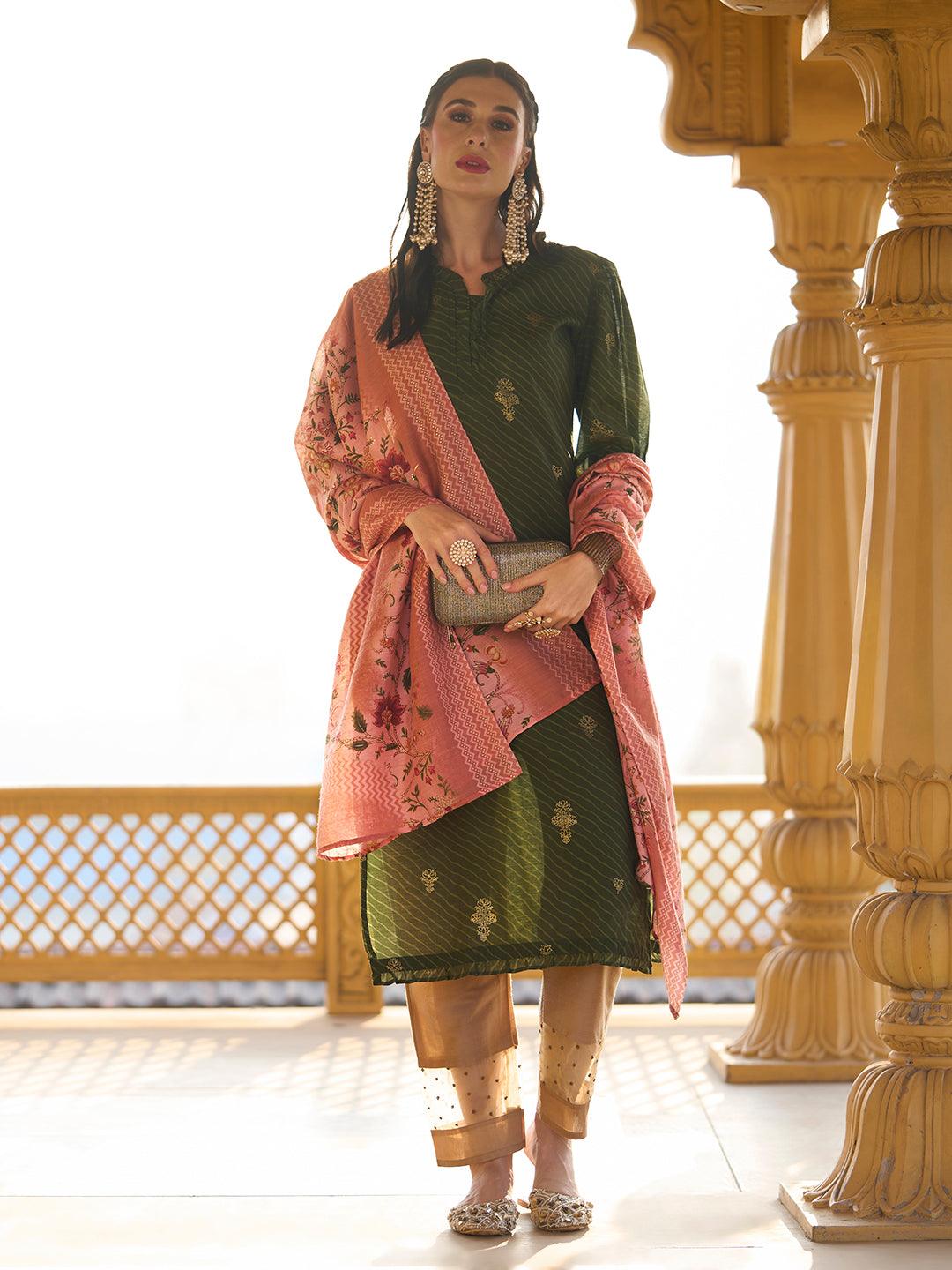 Ethnic Foil & Leheriya Printed Kurta with Dupatta - Moss Green - Indiakreations