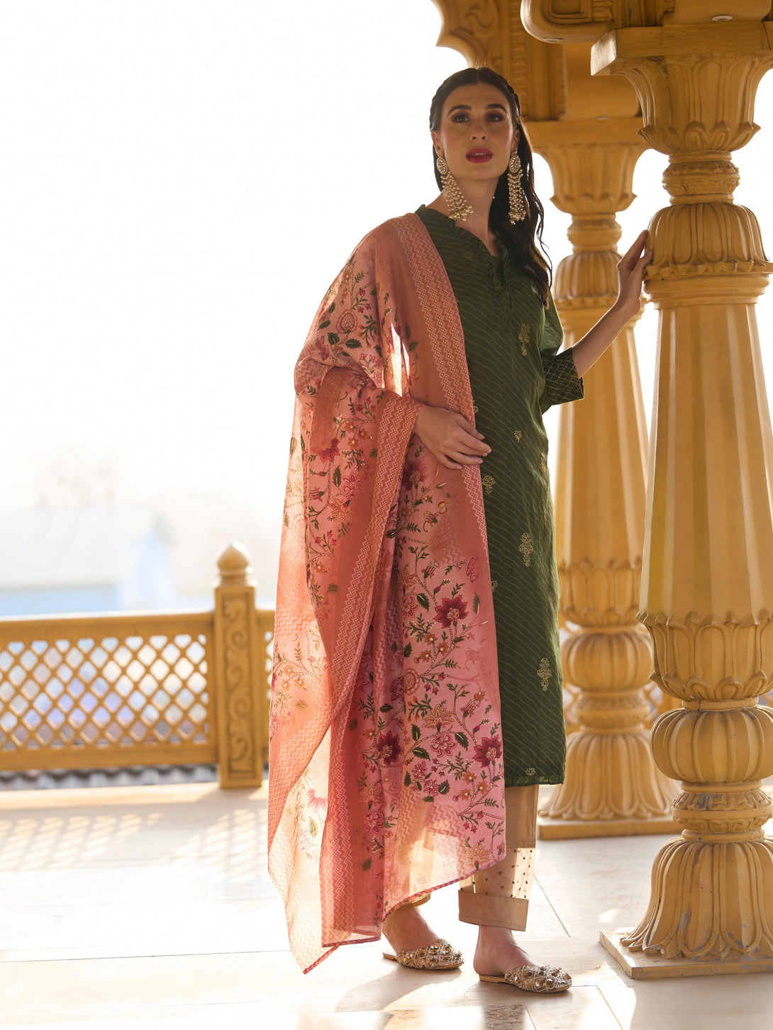 Ethnic Foil & Leheriya Printed Kurta with Dupatta - Moss Green - Indiakreations