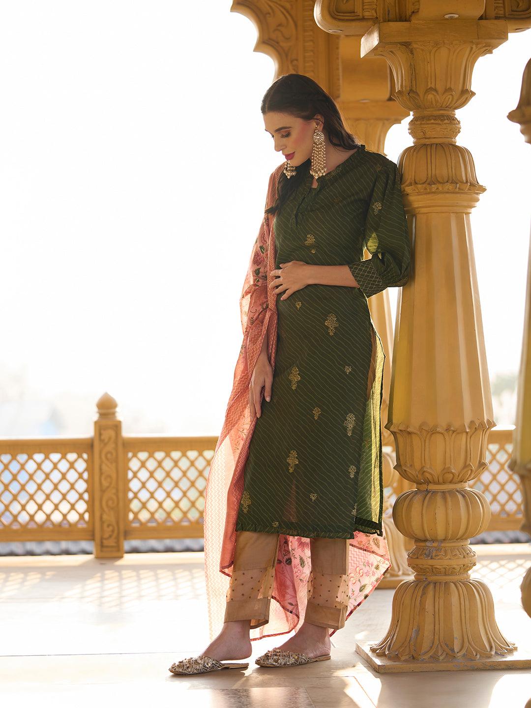 Ethnic Foil & Leheriya Printed Kurta with Dupatta - Moss Green - Indiakreations