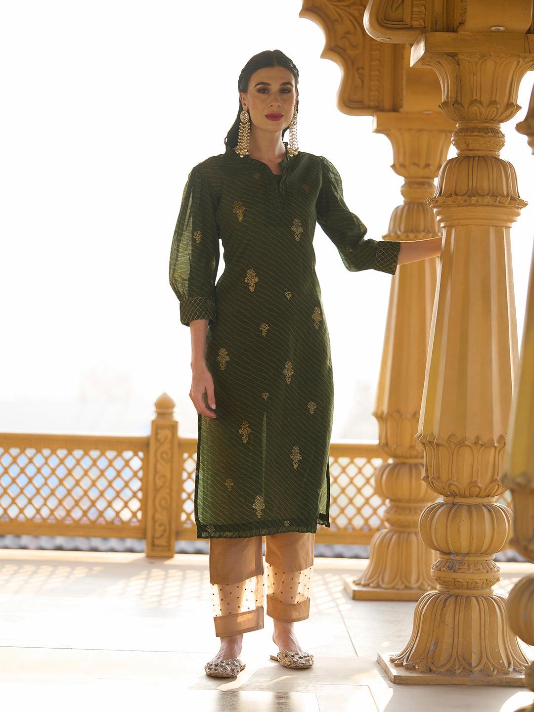 Ethnic Foil & Leheriya Printed Kurta with Dupatta - Moss Green - Indiakreations