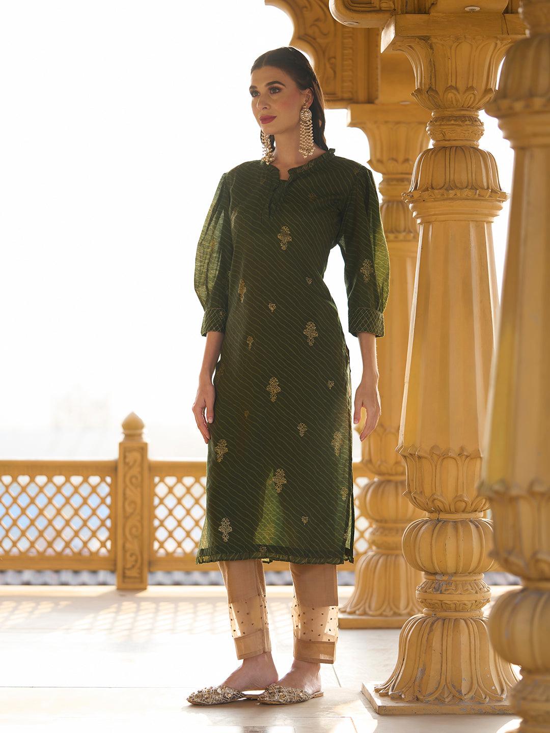 Ethnic Foil & Leheriya Printed Kurta with Dupatta - Moss Green - Indiakreations