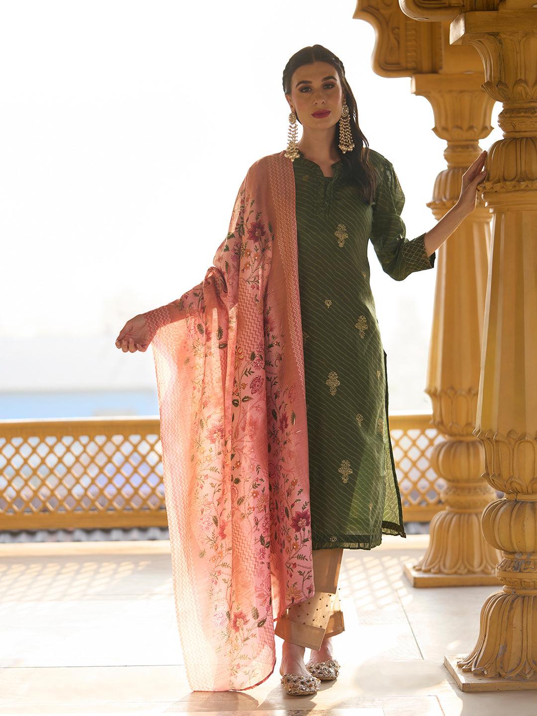 Ethnic Foil & Leheriya Printed Kurta with Dupatta - Moss Green - Indiakreations