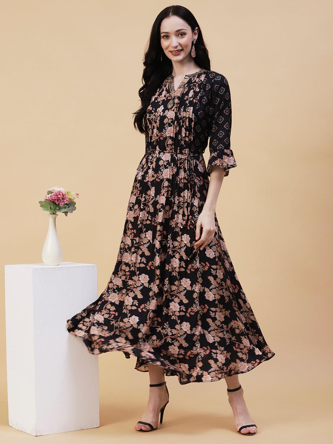 Floral Printed Resham & Sequins Embroidered Flared Pin-Tuck Maxi Dress - Black - Indiakreations