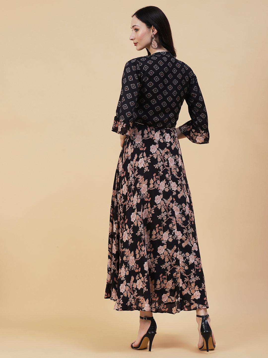 Floral Printed Resham & Sequins Embroidered Flared Pin-Tuck Maxi Dress - Black - Indiakreations