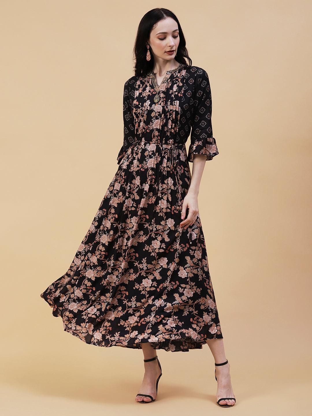 Floral Printed Resham & Sequins Embroidered Flared Pin-Tuck Maxi Dress - Black - Indiakreations