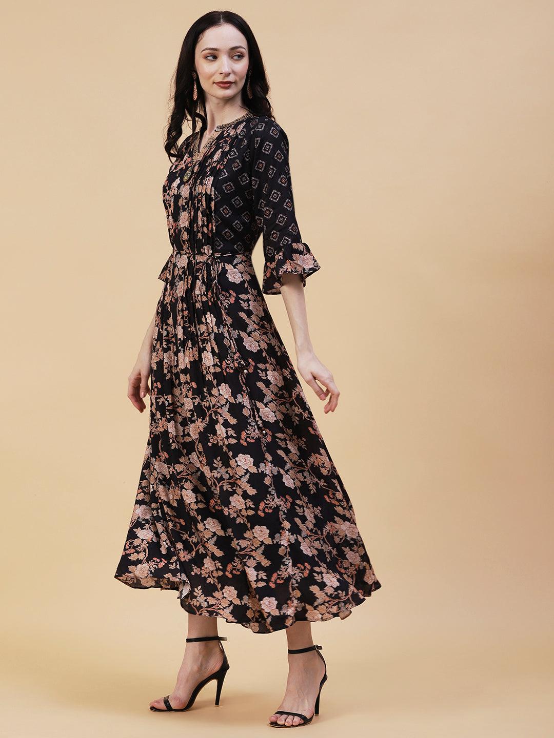 Floral Printed Resham & Sequins Embroidered Flared Pin-Tuck Maxi Dress - Black - Indiakreations