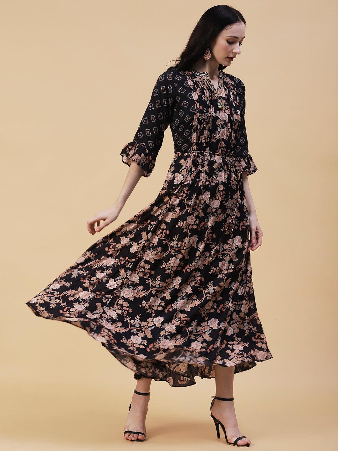 Floral Printed Resham & Sequins Embroidered Flared Pin-Tuck Maxi Dress - Black - Indiakreations