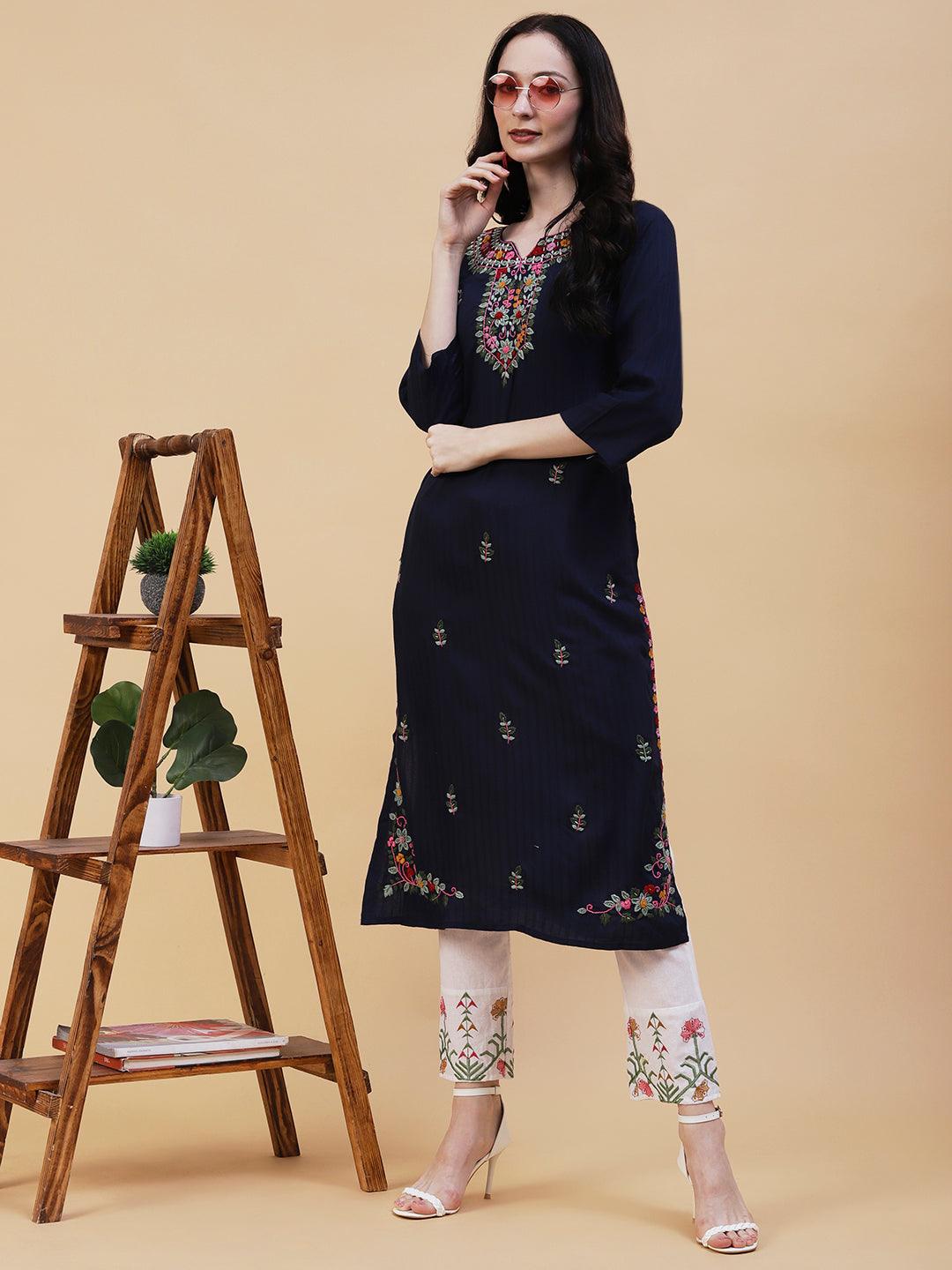 Solid Woven Striped Resham Embroidered Kurta - Navy Blue - Indiakreations